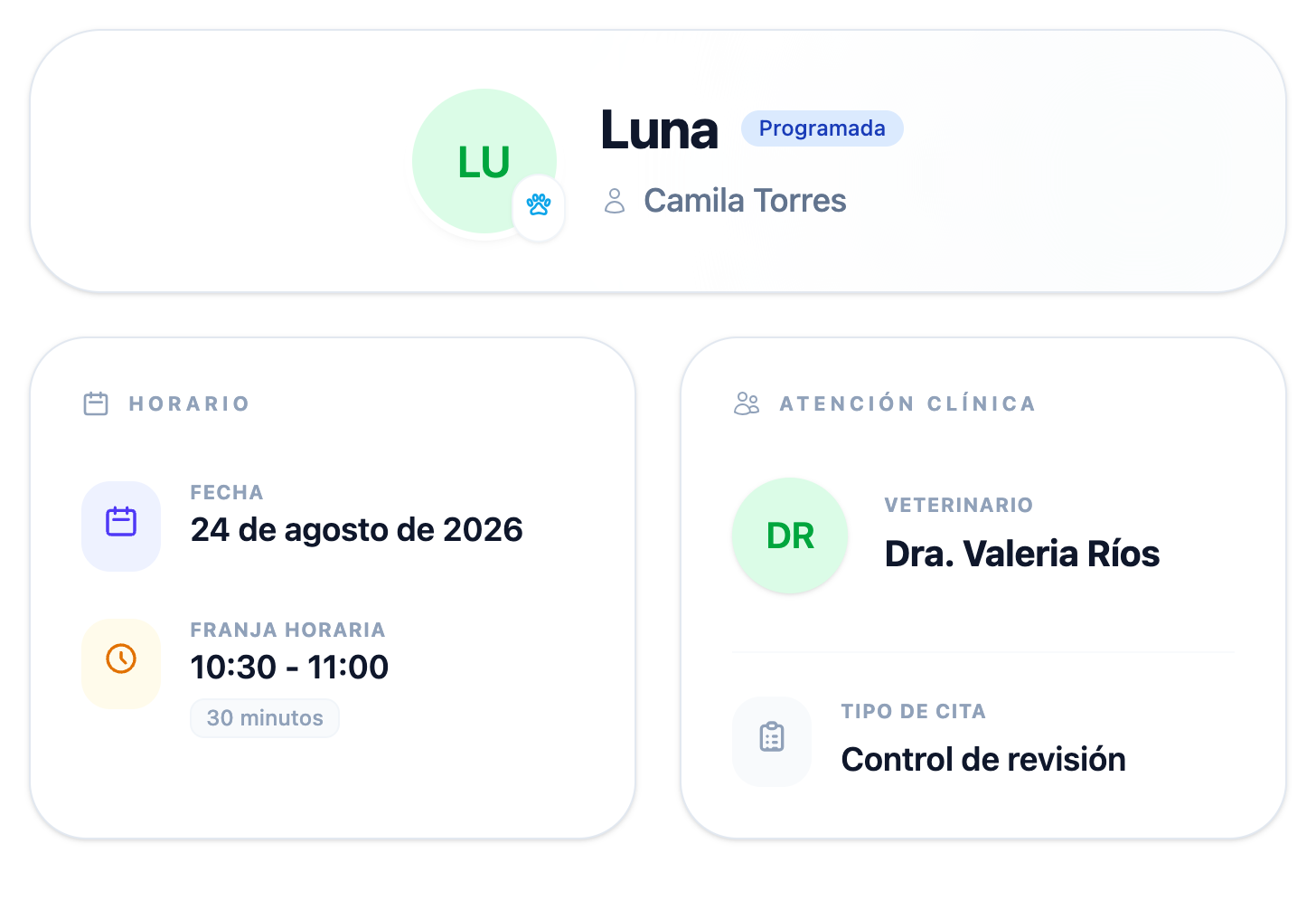 Control de revisión programado para Luna el 24 de agosto de 2026 a las 10:30 con la doctora Valeria Ríos.