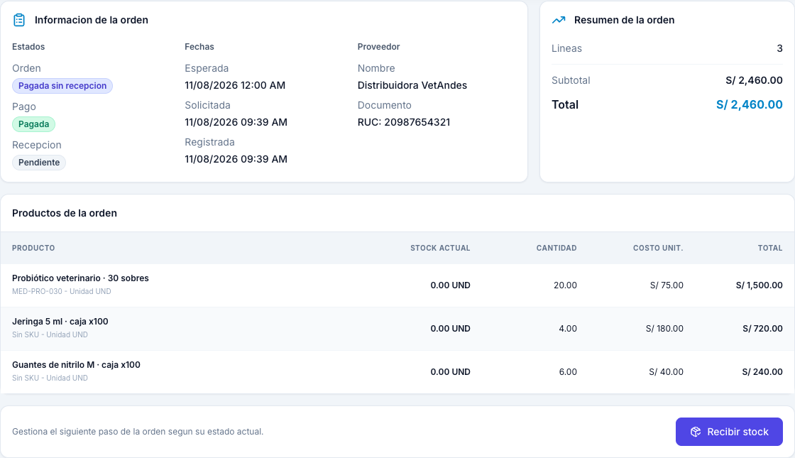 Detalle de una orden de compra de Distribuidora VetAndes con tres productos, pago registrado y recepción pendiente