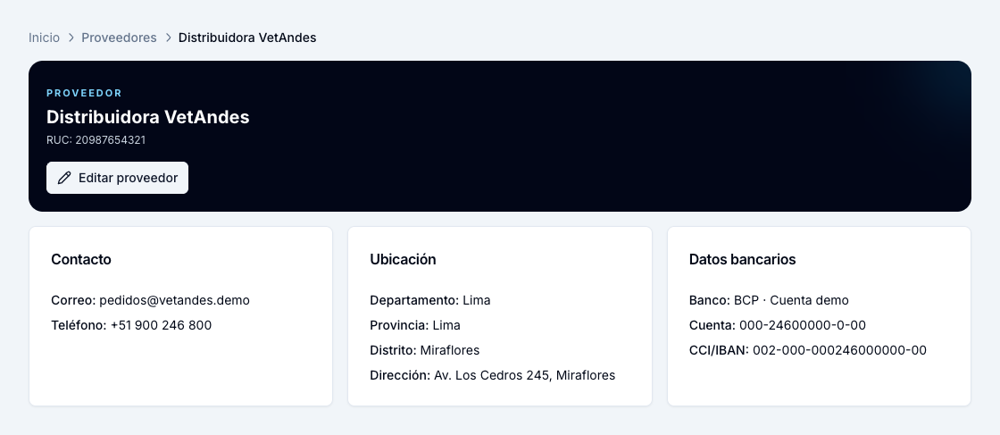 Ficha de Distribuidora VetAndes con datos de contacto, ubicación y datos bancarios